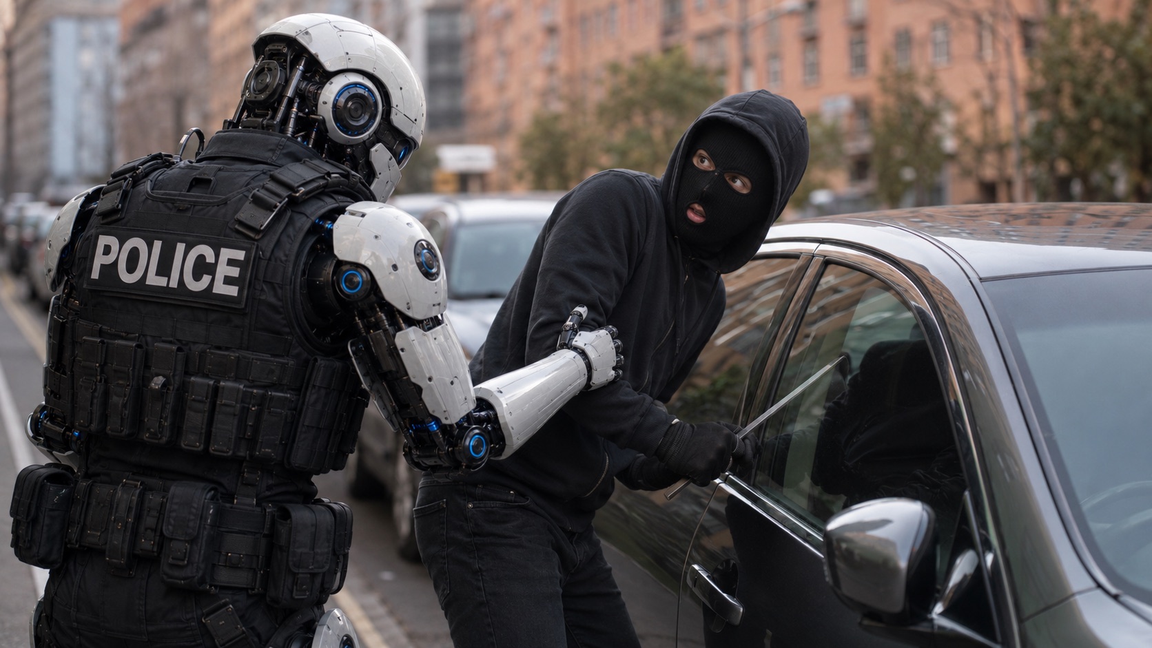 Auxilio robot officer stopping a car-jacking in progress